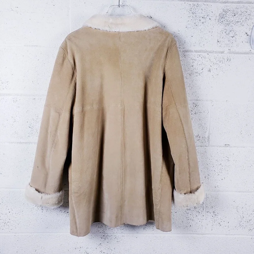 Sag Harbor Vintage Tan Suede Coat Womens Large Faux Fur Lined Oversized Mid-Leng